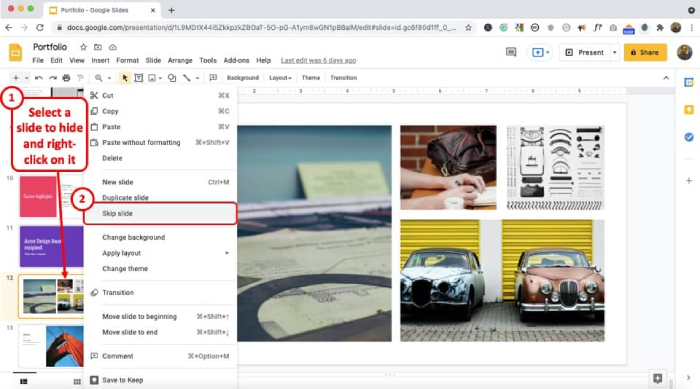 In Google Slides, how to show and hide slides?