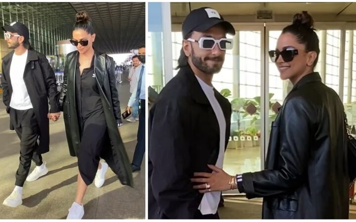 During their return to Mumbai from Belgium, Ranveer Singh goes incognito and Deepika Padukone smiles for the paparazzi