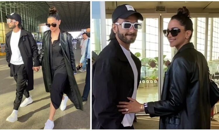 During their return to Mumbai from Belgium, Ranveer Singh goes incognito and Deepika Padukone smiles for the paparazzi