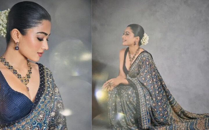 At the shubh aashirwad ceremony of Radhika Merchant and Anant Ambani, Rashmika Mandanna wore a stunning Ajrakh saree